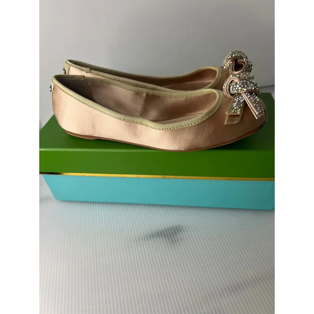 Kate Spade Freya Roasted Peanut Satin Crystal Bow Ballet Flats Pink 6.5M NEW